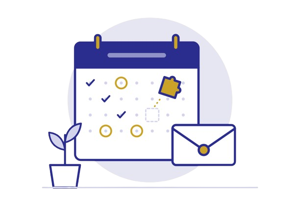 Monthly Management illustration: calendar with envelope and plant